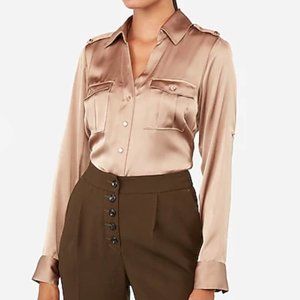 Slim Fit Satin Military Portofino Shirt EXPRESS Collared Button Up XS - NWT